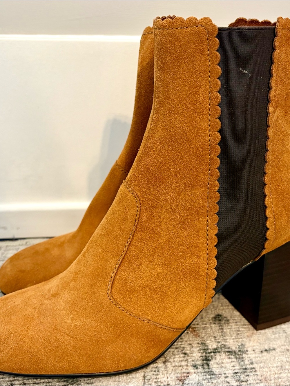 Chloe Tan Suede Scalloped Chelsea Heeled Ankle Boots